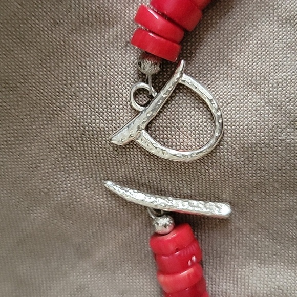 Red Coral Necklace With .925 silver Hammered Hardware and Closure.  17" length - Picture 7 of 11
